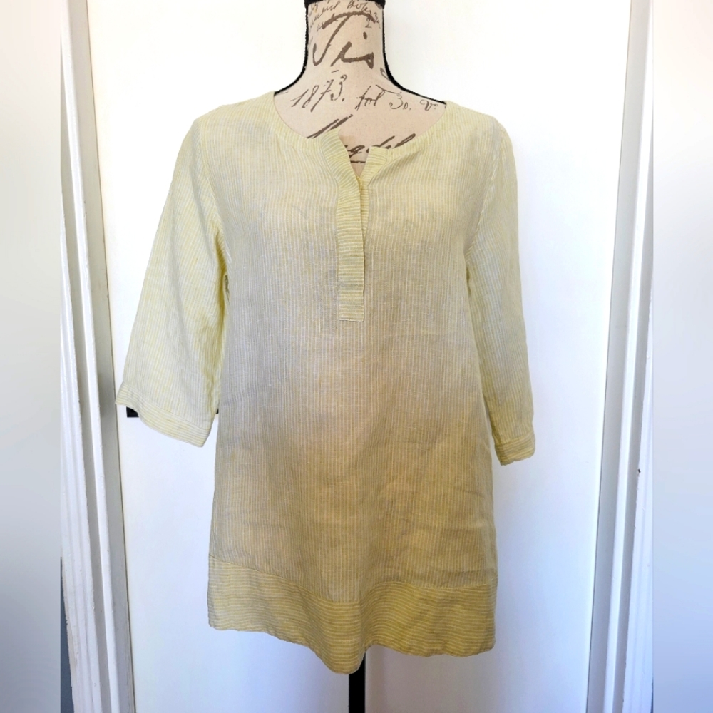 J.Jill 100% Linen Yellow Striped Lagenlook Blouse Popover Top Size S